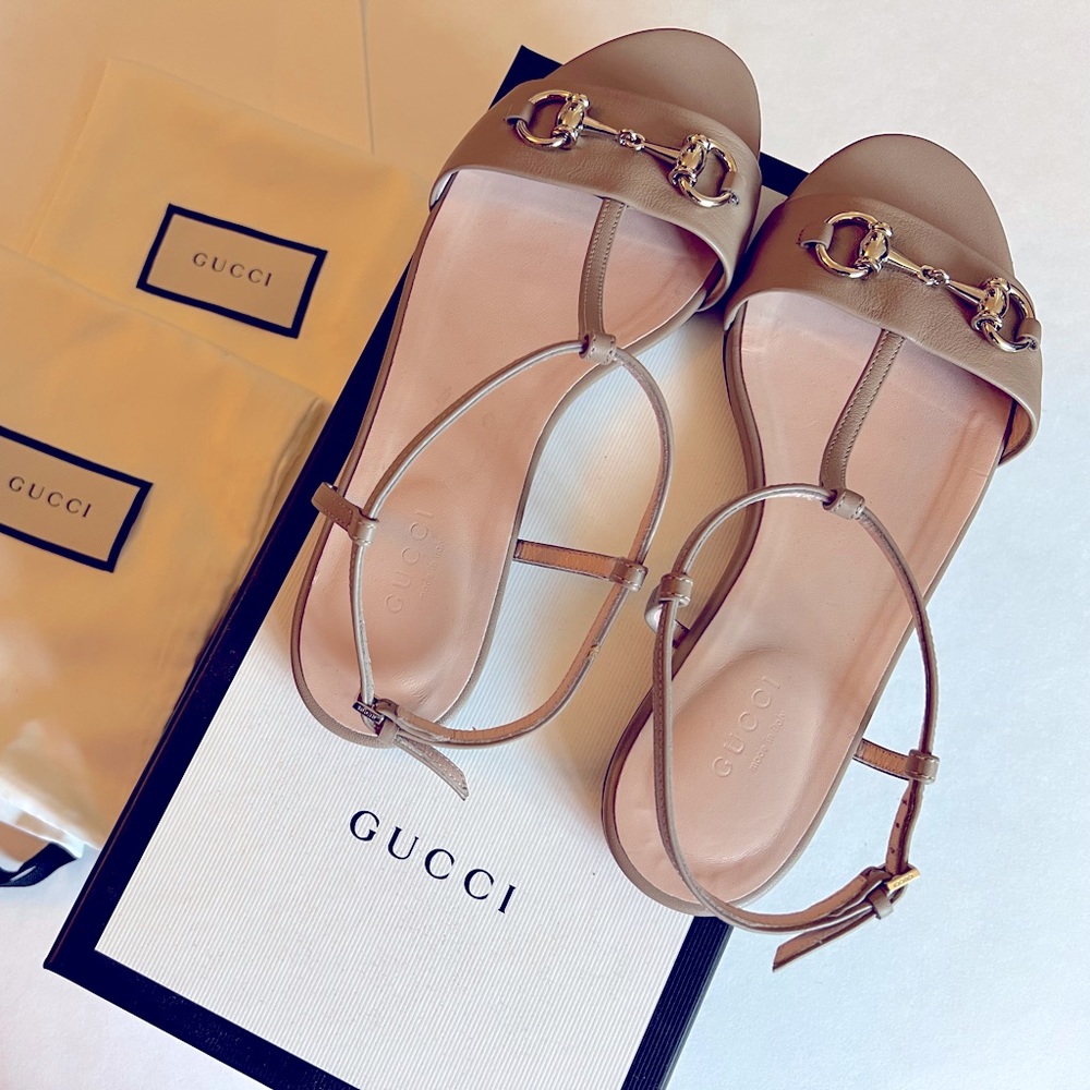 Gucci camel/tan horsebit flat sandals sz 36.5